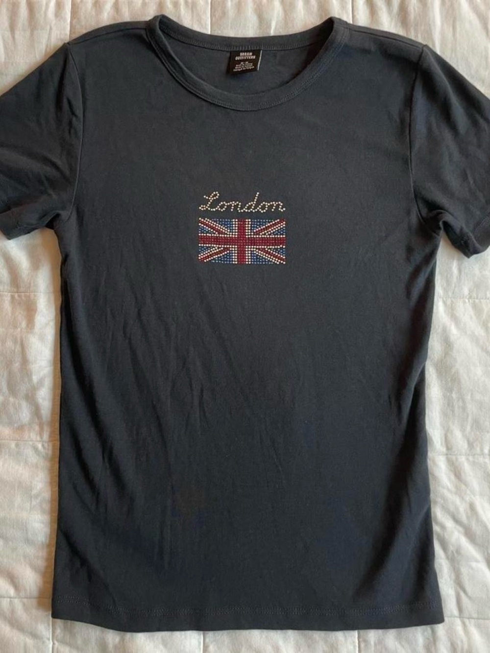 Urban Outfitters London Union Jack Flag Rhinestone Graphic Grey Baby Tee - M